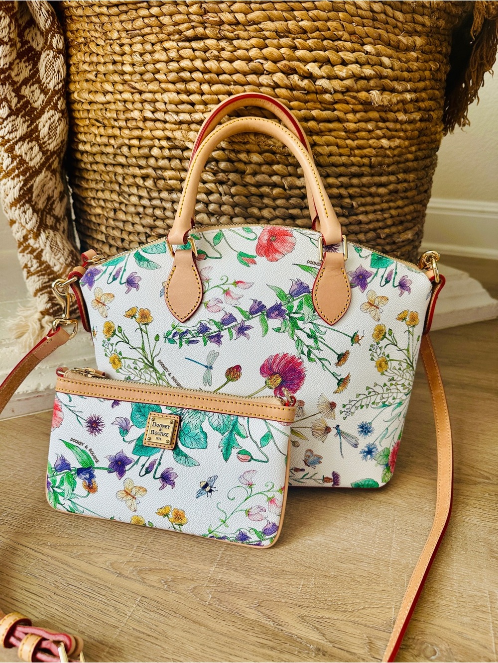 Dooney & Bourke Botanical Collection Genna Satchel Tan Trim and Matching Pouch